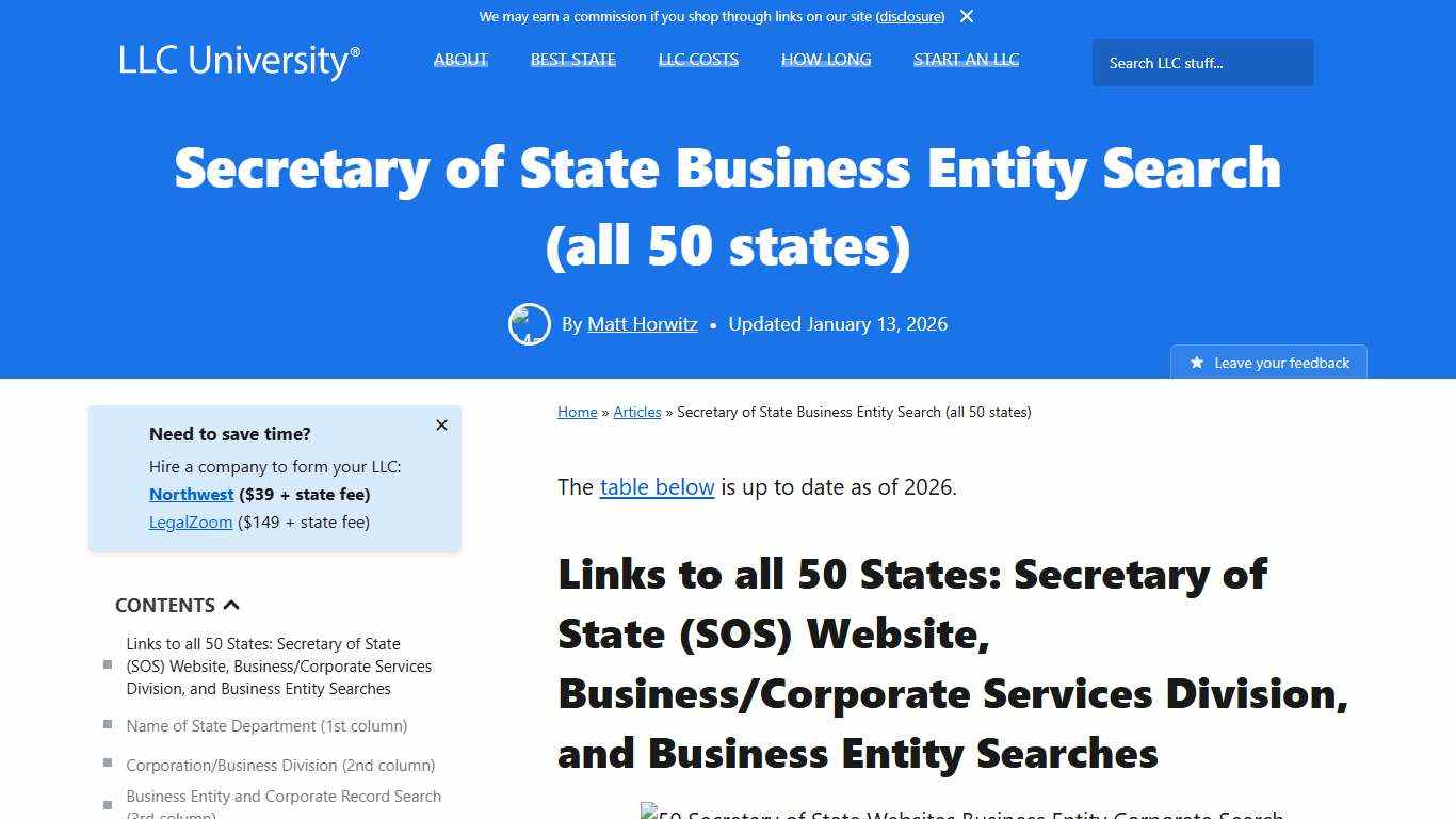 Secretary of State Business Entity Search (all 50 states) - 2026